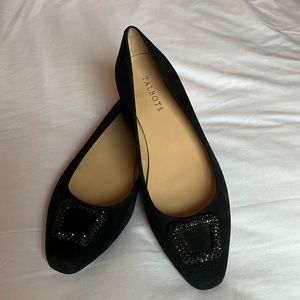 Talbots 9 M Black Suede Leather Rhinestone Buckled Flats